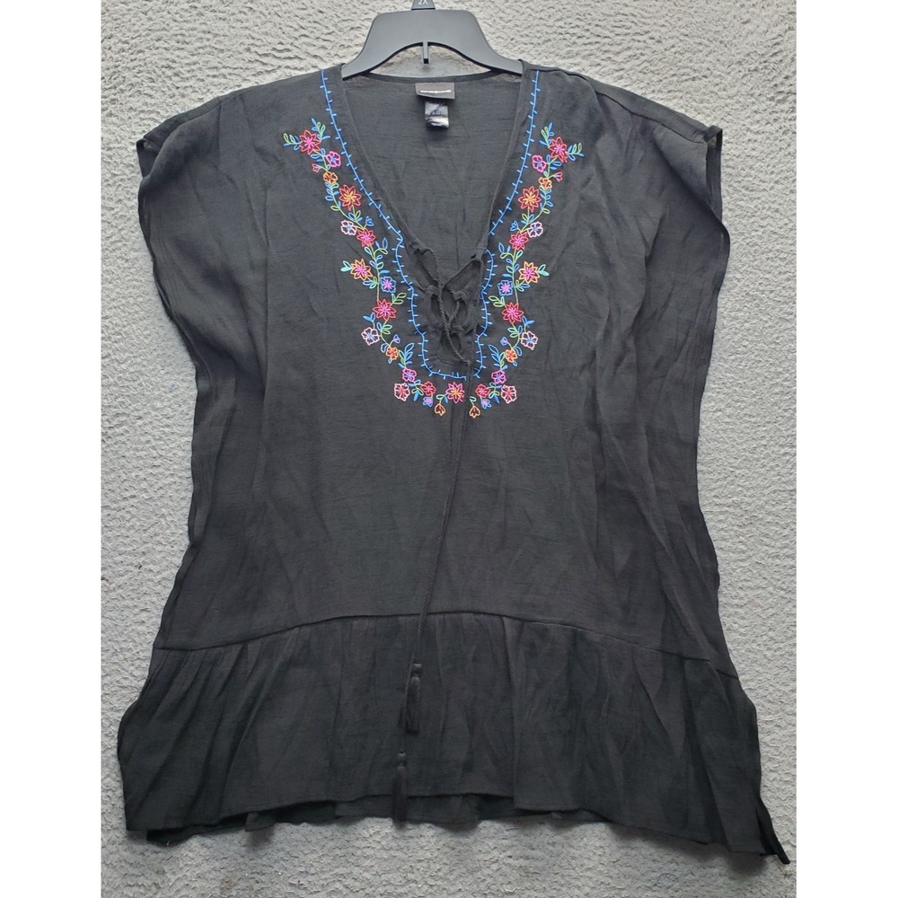 Cover2Cover Boho Top Womens M‎ Black Embroidered Floral Oversized Lace Up Neck